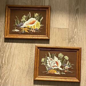 Embroidered Crewel Seashells Yarn Art Jan Dalton kit 2 Neutral Brown Set 6” x 8”